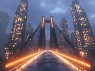 Obraz premium A futuristic city bridge with glowing lights, surrounded by tall buildings on a foggy night.