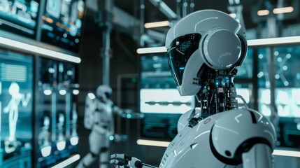 An interactive robotics lab with robot prototypes and programming tools in a futuristic environment, Robotics tools and electronic components organized, Technological photography style