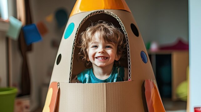 Portrait of a cheerful child playing inside a big cardboard toy spaceship, smiling at the camera in a cozy apartment. Cute boy pretending to be a cosmonaut or astronaut, enjoying imaginative play