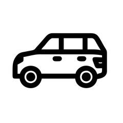 Black and white icon of a car, representing transportation or travel themes.