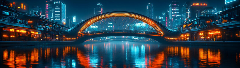 Obraz premium A modern bridge in the night cityscape, reflecting in the water, with vibrant lights.