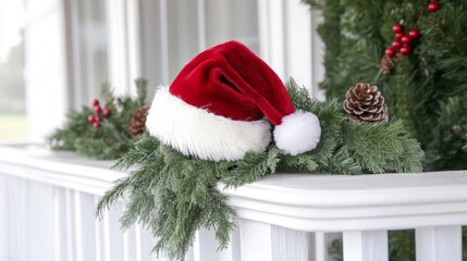 Fototapeta premium Red Santa Hat Resting on Evergreen Branches