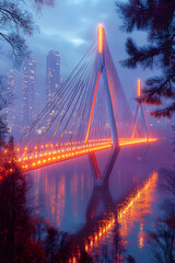 Obraz premium A modern bridge with illuminated cables and a cityscape in the background reflected in the water.