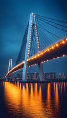 Naklejka premium A modern cable-stayed bridge illuminated at night with the city skyline in the background.