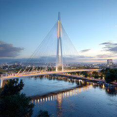 Obraz premium A modern cable-stayed bridge with a tall central pylon illuminated at dusk, spanning a wide river with city skyline in the background.