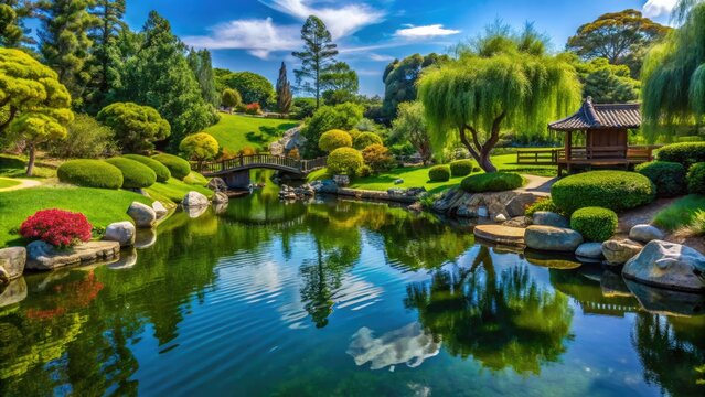 The tranquil setting of Kenneth Hahn Japanese Garden features lush vegetation and calming water elements, offering a peaceful escape for visitors seeking serenity and beauty.