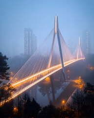 Obraz premium A modern suspension bridge illuminated at dusk, with fog in the background, reflecting in the water below.