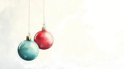 Illustration of turquoise and red ornamented christmas baubles hanging against white background with copy space. Ornamented. Illustration