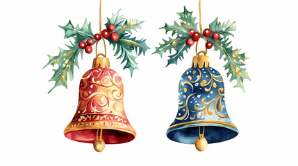 Ornamented christmas bells, watercolor and clipart illustration with isolated white background. generative ai. Ornamented. Illustration