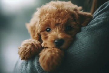 Poodle puppy being carefully held by a veterinarian in a softly lit clinic, radiating warmth and care in the afternoon light