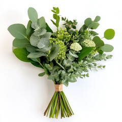 fresh bouquet featuring eucalyptus and green foliage on white background, perfect for adding natural touch to any space. vibrant greens evoke sense of tranquility and freshness