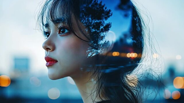 Digital transformation concept of a pretty young woman in a double exposure abstract portrait