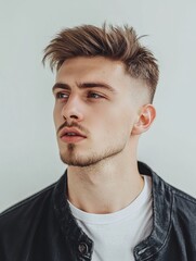 Obraz premium portrait of a young stylish guy with a short hairstyle on a light background, barbershop advertising
