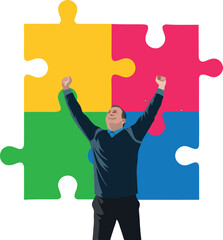 Businessman celebrating with raised arms in front of colorful puzzle pieces