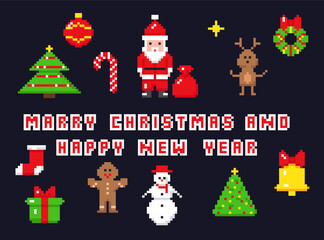 New Year pixel icons set, Christmas 8 bit design, holiday pixel decorations. Toy, bell, Christmas tree, gift, deer, snowman, Santa Claus, lollipop, cookie man, sock.