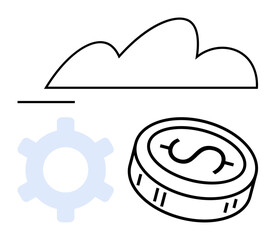 Cloud outline, dollar coin, and light blue cogwheel representing cloud technology, financial growth, and efficiency. Ideal for business, tech, finance, cloud services startups entrepreneurship