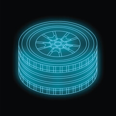 Stack of car tires is glowing with blue neon light on a black background