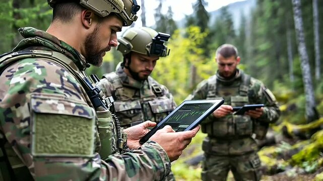 Soldiers in a remote forest outpost check surveillance feeds on a tablet, with the Starlink antenna providing satellite data transmission, enabling constant border monitoring in th