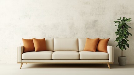 Minimalist living room with beige sofa and orange cushions against textured wall and potted plant