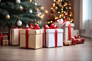 Close-up of Christmas tree with red balls and bokeh in the background. Background with copy space for holiday design.