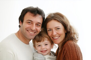 A cheerful family portrait with parents and young child smiling against a minimalistic white background