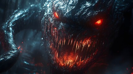 Obraz premium Monstrous Creature with Sharp Crooked Fangs and Deep Scars Emerging from Darkness, Exudes a Terrifying Presence in a Highly Detailed Render