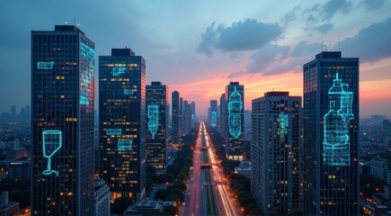 Obraz premium Futuristic Cityscape with Illuminated Digital Advertisements