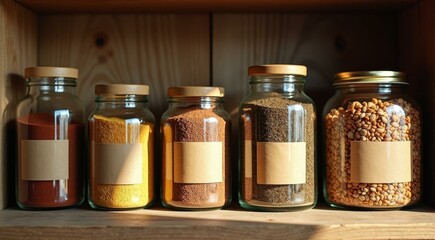Organized Spice Jars on a Rustic Shelf for Kitchen Appeal