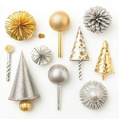 Shiny glittering party hats and noise-makers