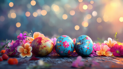 Easter eggs ornamented and decorated with flowers on wooden table and bokeh lights created with generative ai technology. Ornamented. Illustration