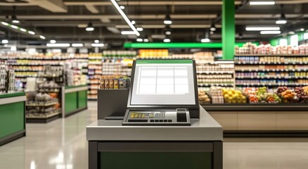 Fototapeta premium A digital white screen kiosk at the cash register in an empty grocery store 