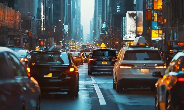 A busy city street with cars and a taxi cab. The taxi cab is yellow and has a sign on top that says "TAXI". The street is wet from the rain and the cars are driving in the rain