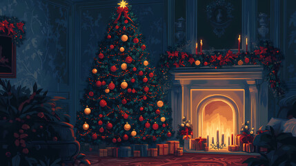 Elegant christmas tree with vintage ornaments and cozy candle background creates warm holiday ambience and festive home decor. Ornamented. Illustration