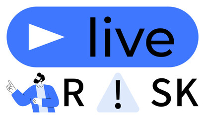 Play button icon with live text, man pointing, and letters R and SK with exclamation triangle. Ideal for broadcasting, real-time updates, online content, caution, awareness, education marketing