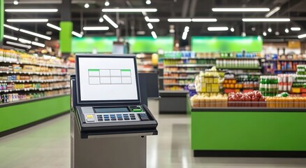 Naklejka premium A digital white screen kiosk at the cash register in an empty grocery store 