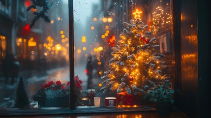 Obraz premium Cozy and Festive Scene of a Small Christmas Tree Adorned with Lights and Ornaments in a Rainy Coffee Shop Window View