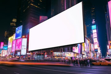 Advertising billboard in a busy city street at night with neon lights and motion through a vibrant urban landscape
