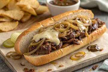 Delicious Philly Cheesesteak Sub with Melted Cheese, Onions, and Fries