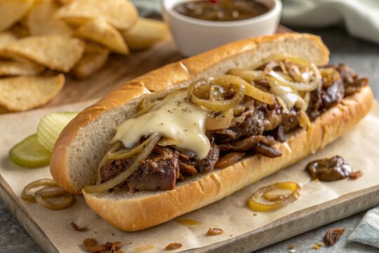 Delicious Philly Cheesesteak Sub with Melted Cheese, Onions, and Fries