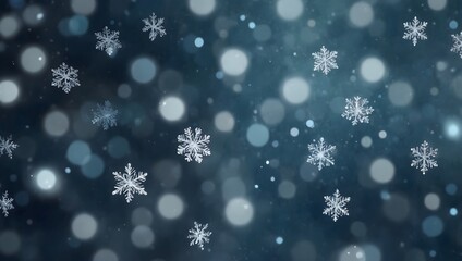 Fototapeta premium Many small snowflakes and light gray-blue circles are scattered on a dark blue background.