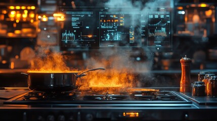 An android cooks a vibrant soup while monitoring data in a futuristic kitchen setting