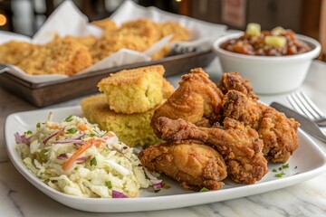 Crispy Fried Chicken Platter Cornbread, Coleslaw, and Sauce