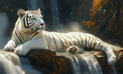 A serene white tiger lounging by a waterfall in a tranquil setting.