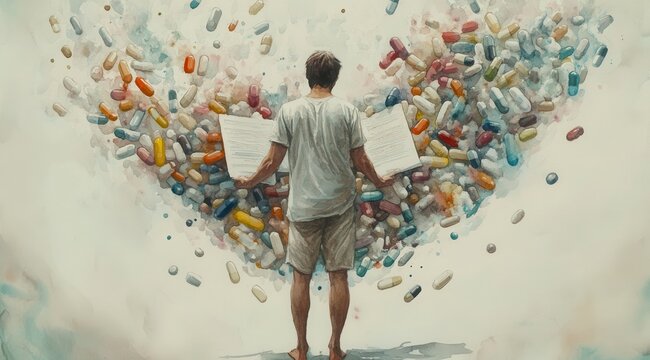 A person stands with an open book as colorful pills swirl around, symbolizing the impact of medication on health and well-being in an artistic setting