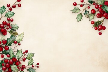 Elegant Christmas card background featuring delicate holly illustrations on a soft beige canvas