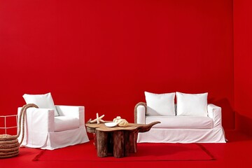 Red Room Coastal Minimalist Decor White Sofa, Chair, and Wooden Coffee Table