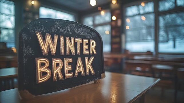 Winter Break sign - Classroom - School - class - holiday - vacation - education - desks - bookshelves - snow - cold 
