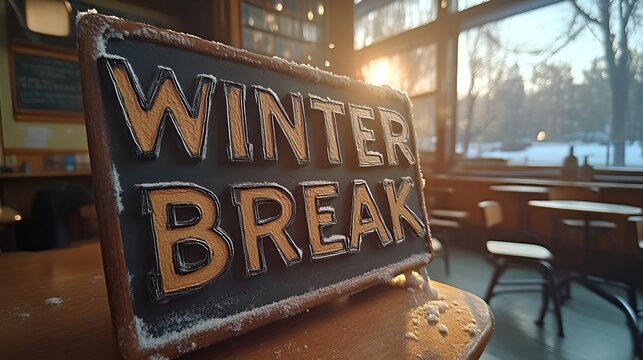 Winter Break sign - Classroom - School - class - holiday - vacation - education - desks - bookshelves - snow - cold 