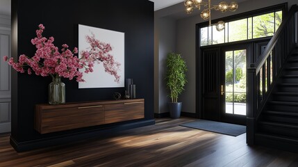 Entryway with Floating Console, Minimalist Artwork, and Dark Accent Wall