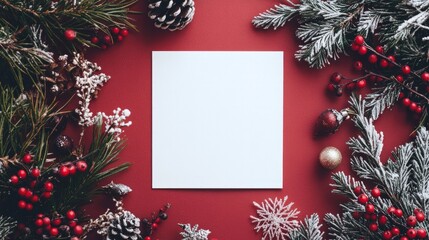 A white blank square paper surrounded by Christmas decorations, on a light red background, with pine branches and berries, snowflakes, AI Generative
